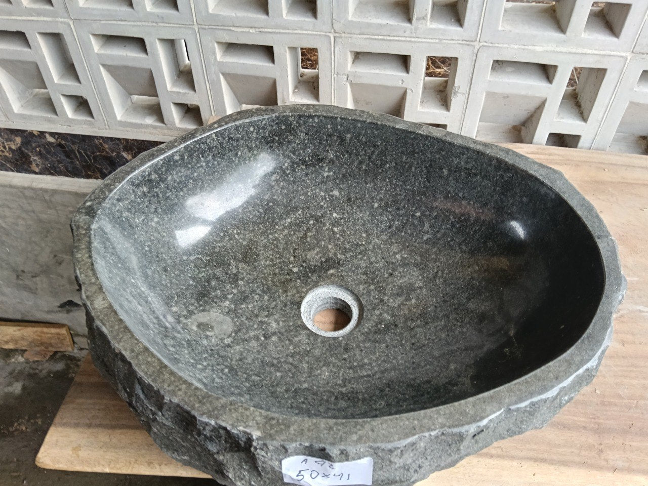 Top view of A42-5041 graphite andesite stone sink — handcrafted natural stone

