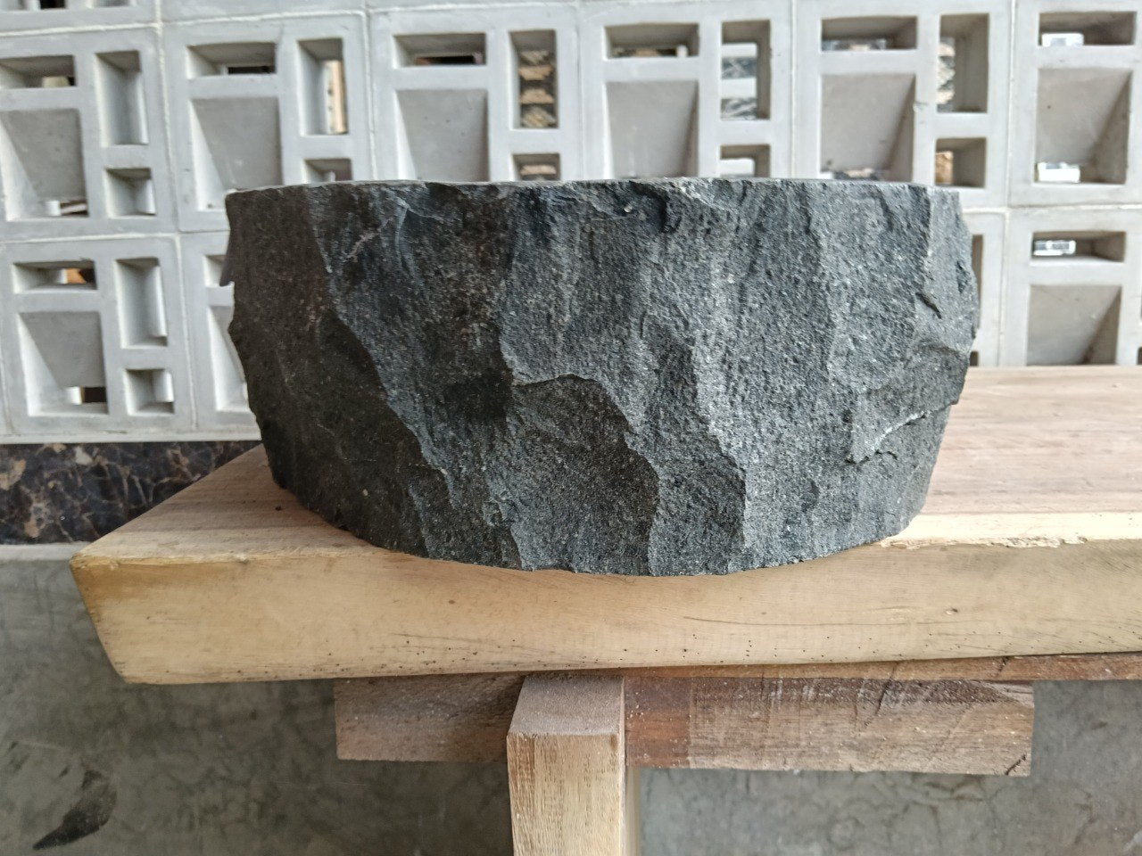 Left side of A42-5041 oval andesite stone sink

