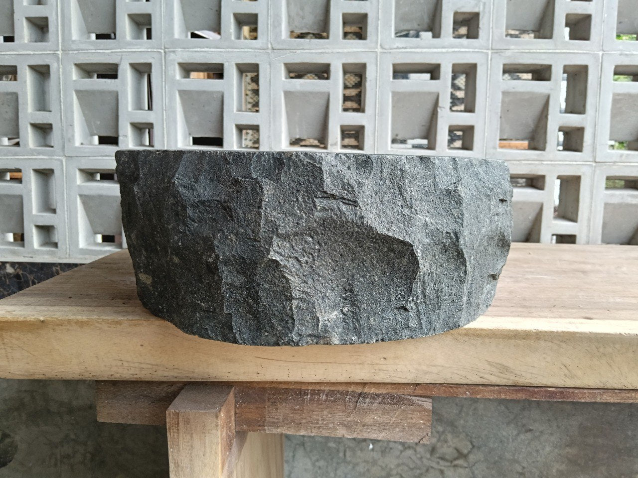 Right side of A42-5041 handcrafted andesite vessel — natural graphite texture
