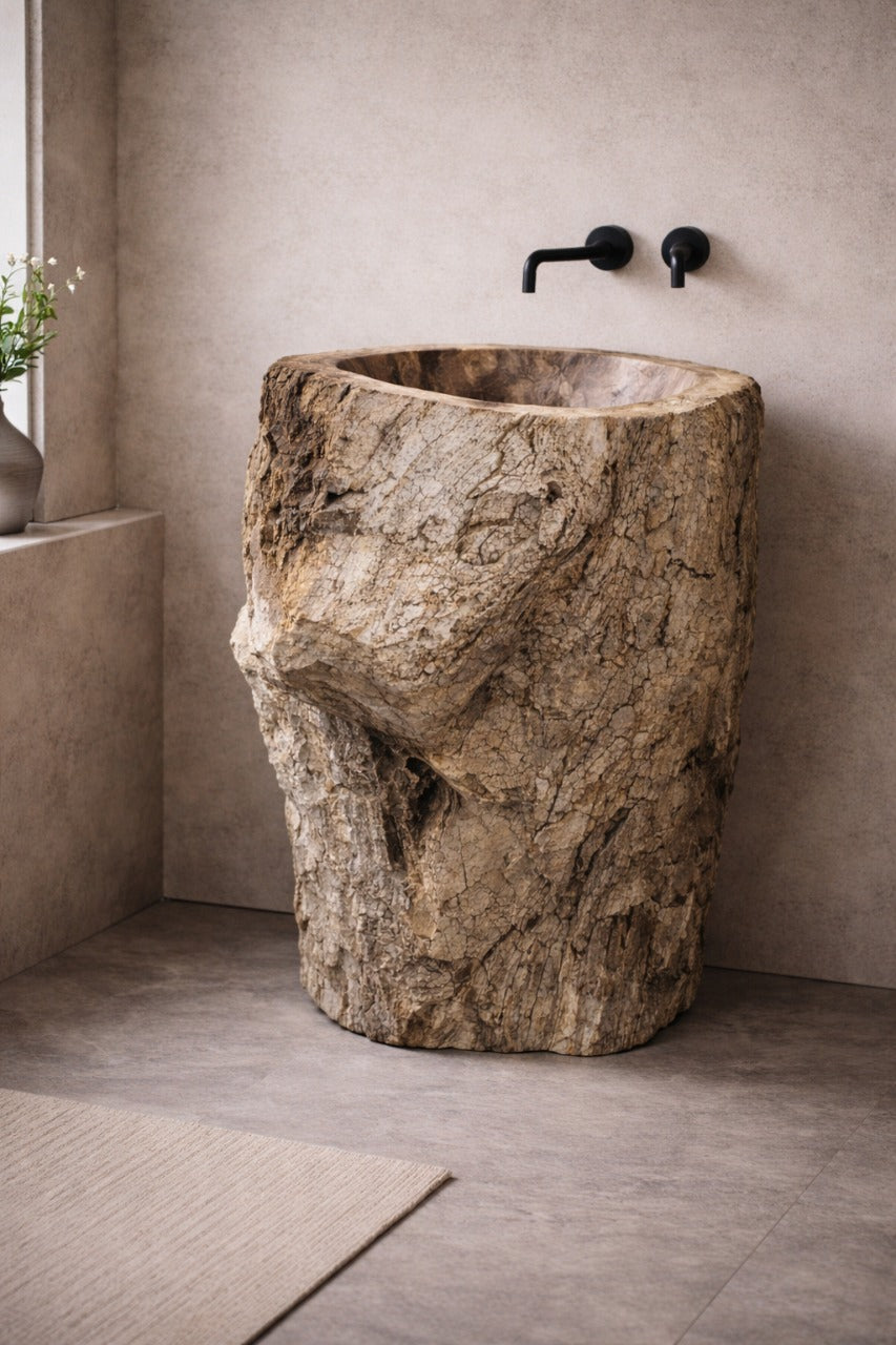 Solid petrified wood bathroom pedestal carved from a single fossilized tree, natural stone texture, PW-8056