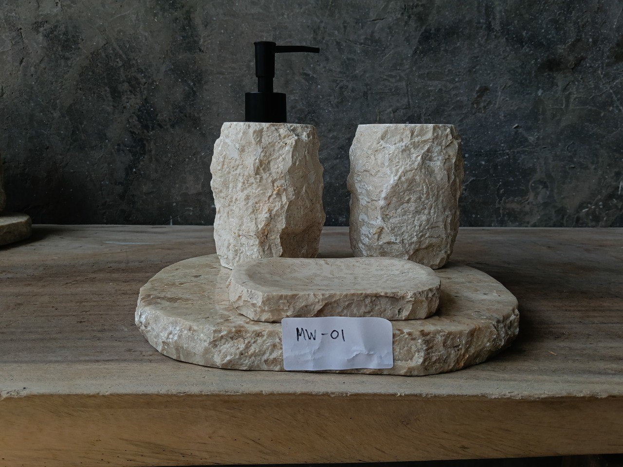 BMS-001 beige marble bathroom set with natural stone texture