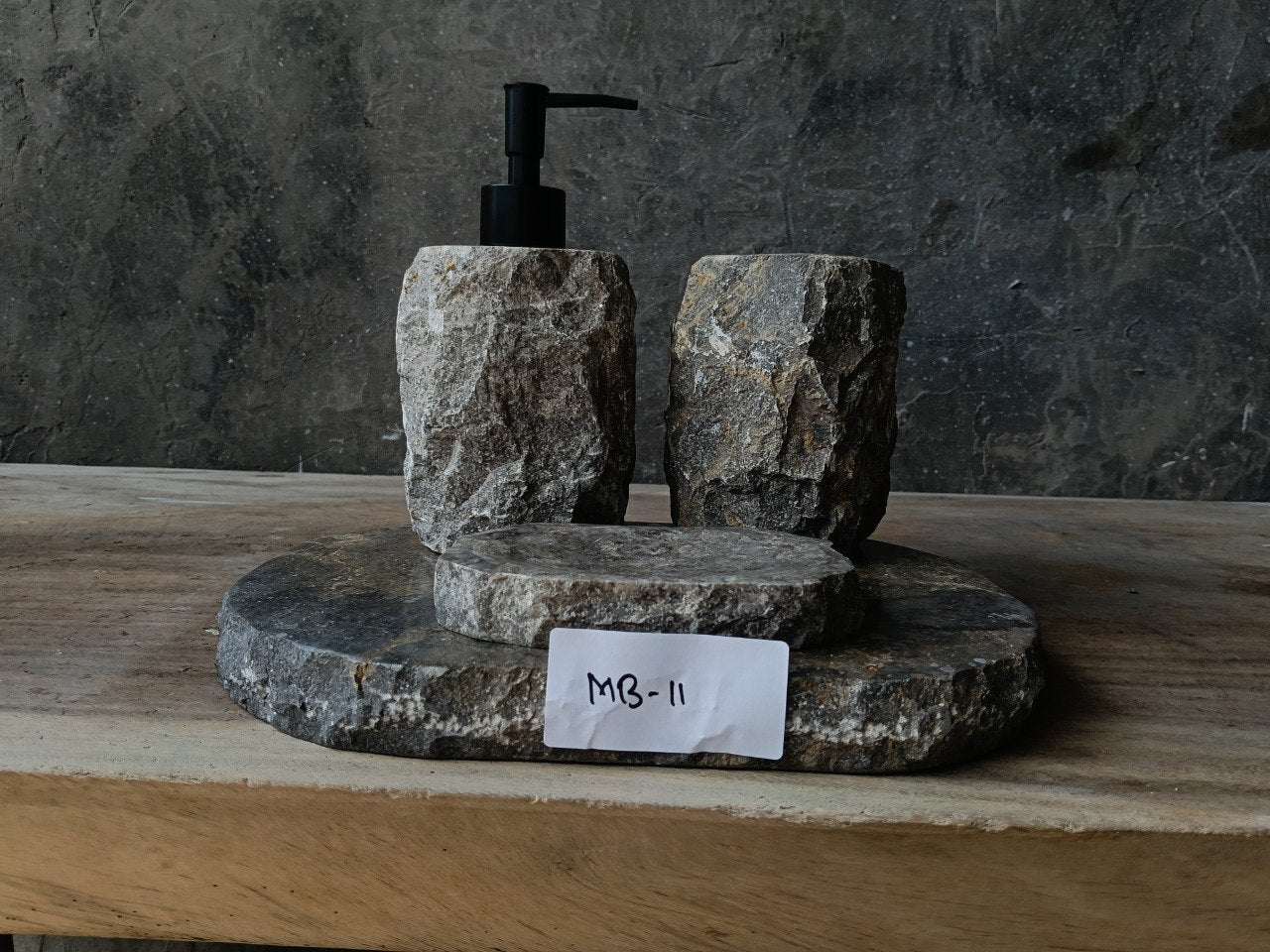 GMS-011 gray marble bathroom set with chiseled stone texture