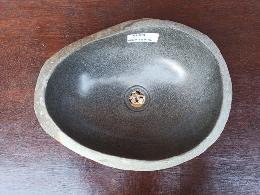 Top view of 5103-423316 natural river stone sink — smooth polished basin and raw stone exterior
