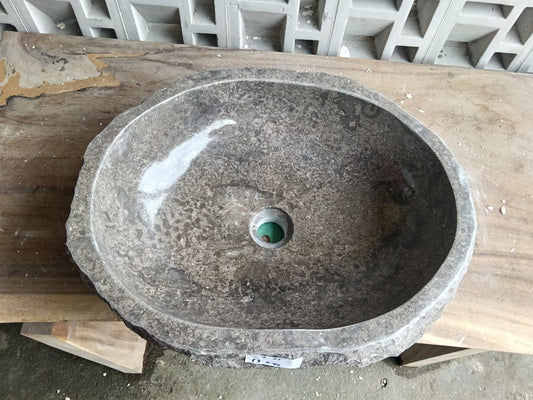 Top view of A25-5342 brown–gray marble sink with polished interior and rough natural exterior, organic round-oval shape.
