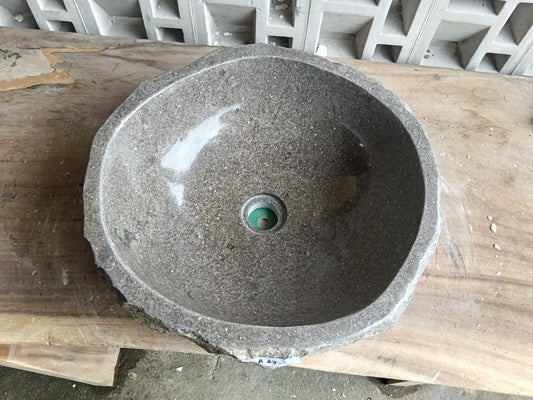 Top view of A27-4240 brown–gray marble sink with polished interior and rough natural exterior, organic round-oval shape.
