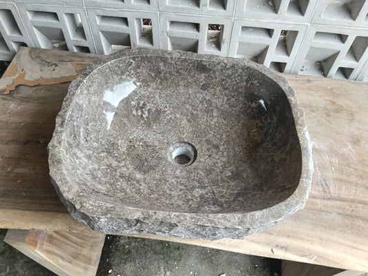 Top view of A39-5142 taupe–brown marble sink with polished interior and exterior, organic rectangular-oval shape.
