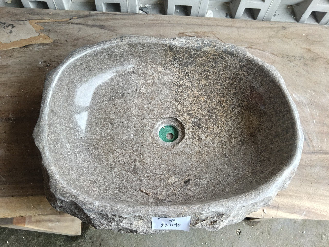 Top view of A40-5340 brown–taupe marble sink with polished interior and exterior, organic oval-rectangular shape.
