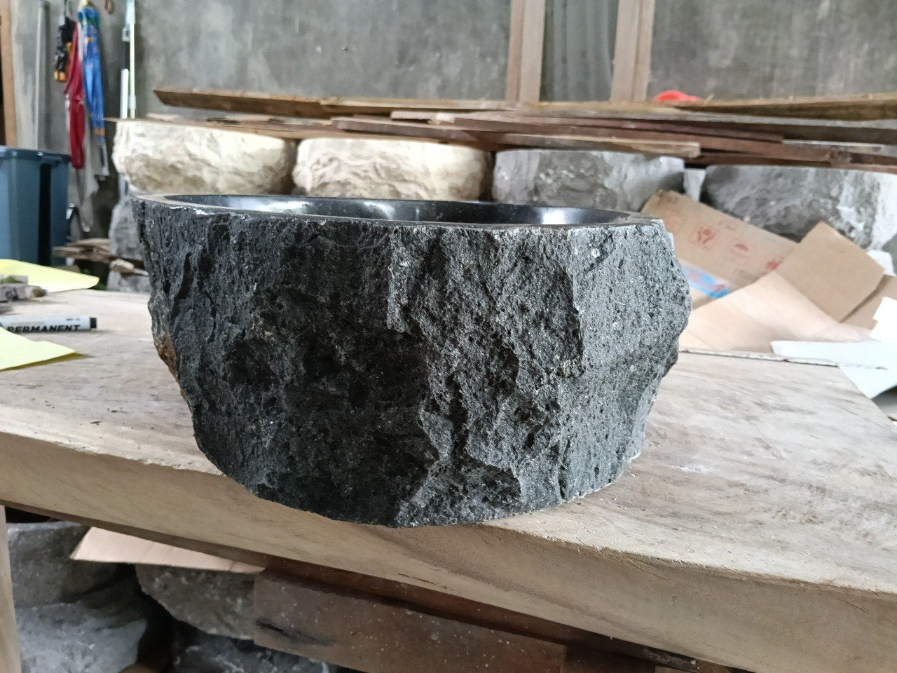 Andesite Stone Sink | A96-4238 | 16.5″×15″ Organic Black Andesite Polished