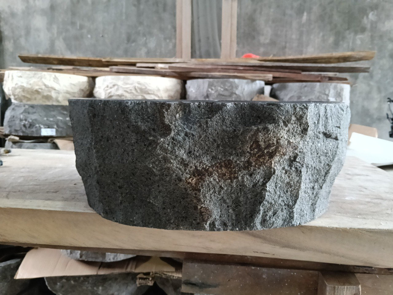 Andesite Stone Sink | A98-4336 | 17″×14″ Organic Black Andesite Polished