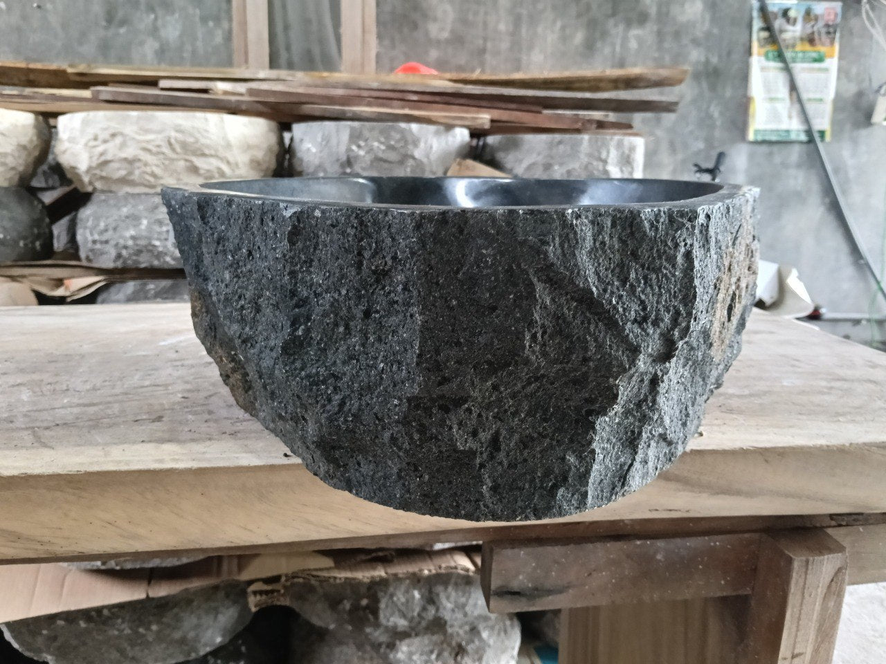 Andesite Stone Sink | A100-5042 | 19.5″×16.5″ Organic Black Andesite Polished