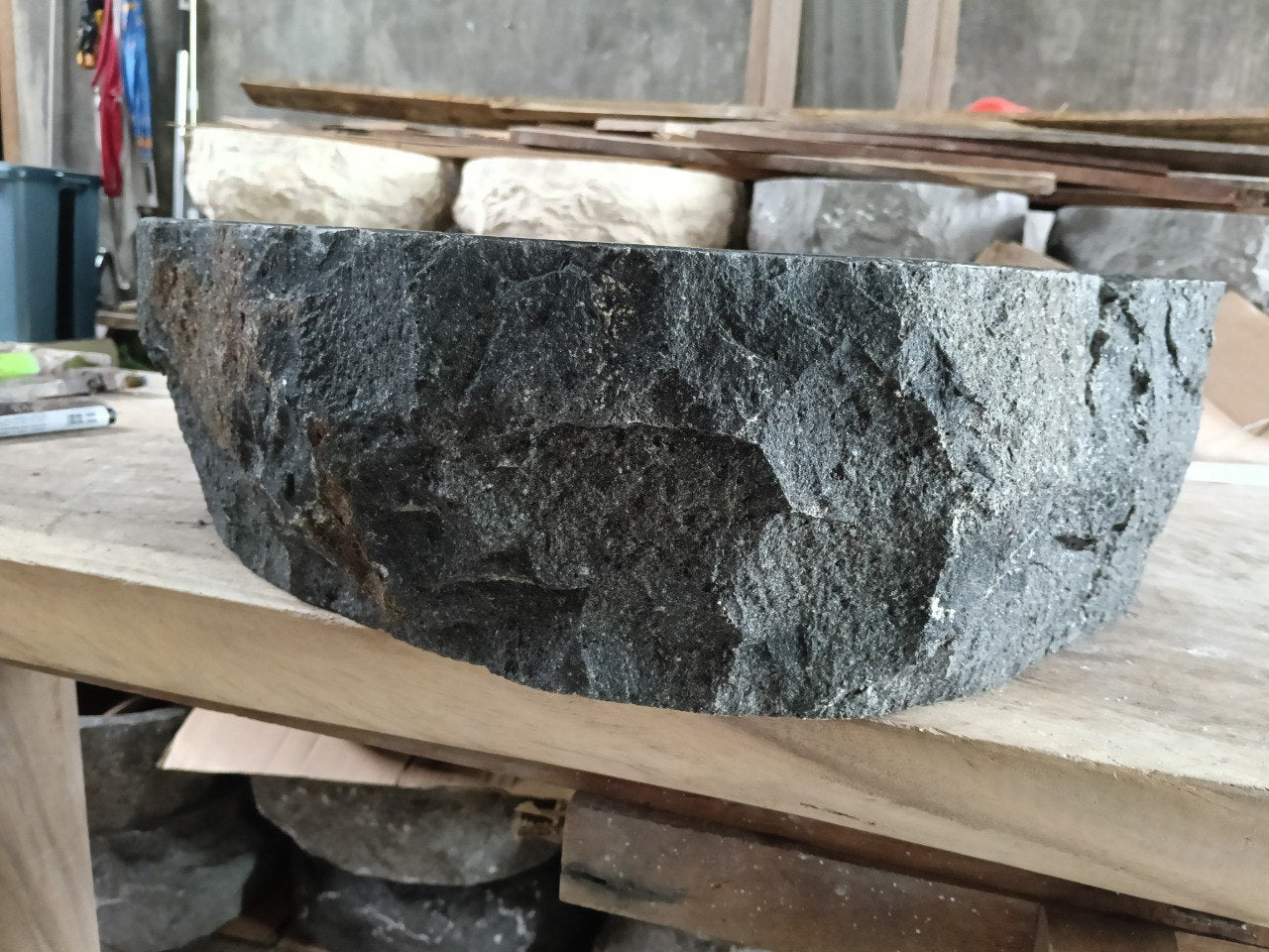 Andesite Stone Sink | A100-5042 | 19.5″×16.5″ Organic Black Andesite Polished