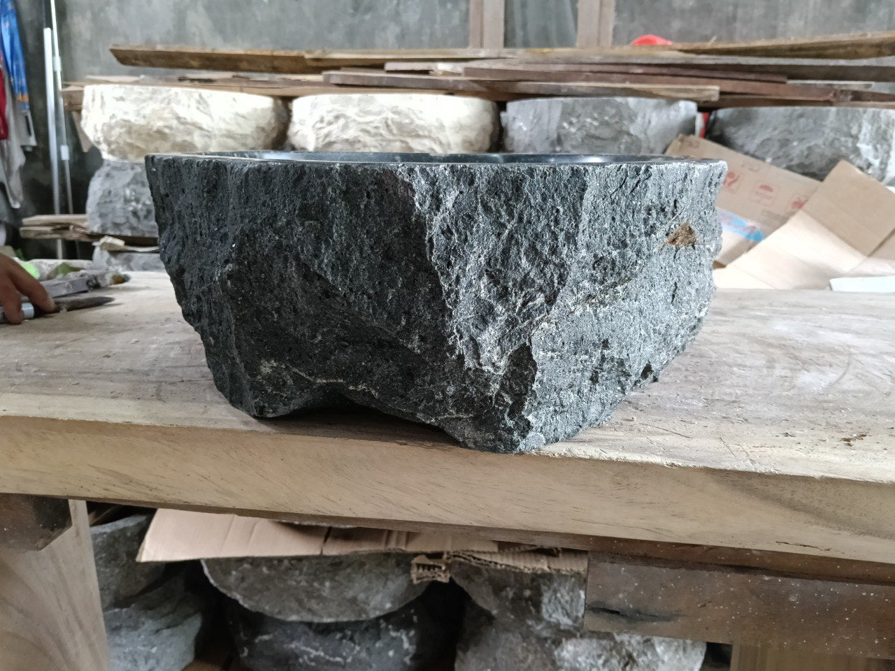 Andesite Stone Sink | A101-5240 | 20.5″×16″ Triangular Organic Black Andesite Polished