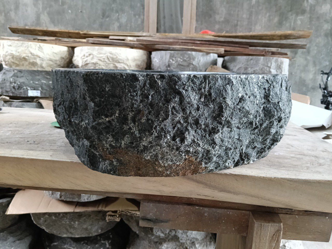 Andesite Stone Sink | A101-5240 | 20.5″×16″ Triangular Organic Black Andesite Polished