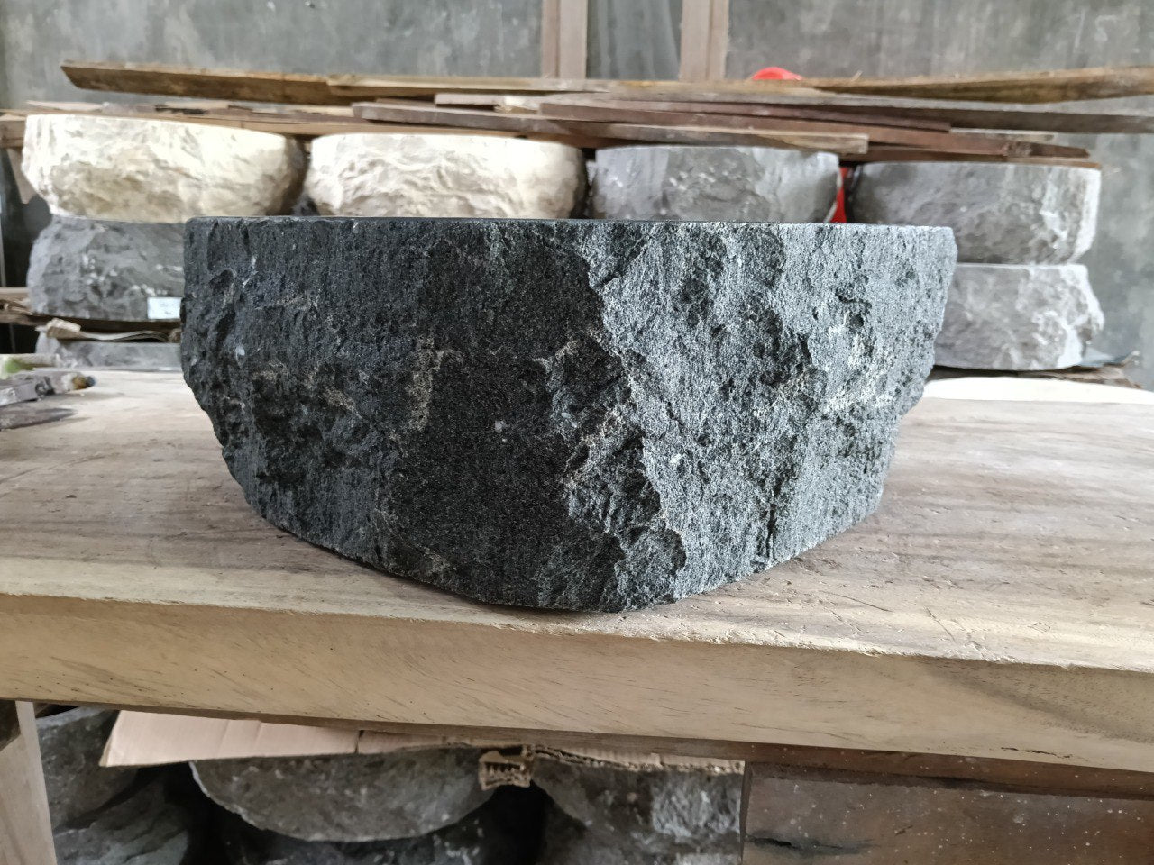 Andesite Stone Sink | A105-4136 | 16″×14″ Organic Black Andesite Polished
