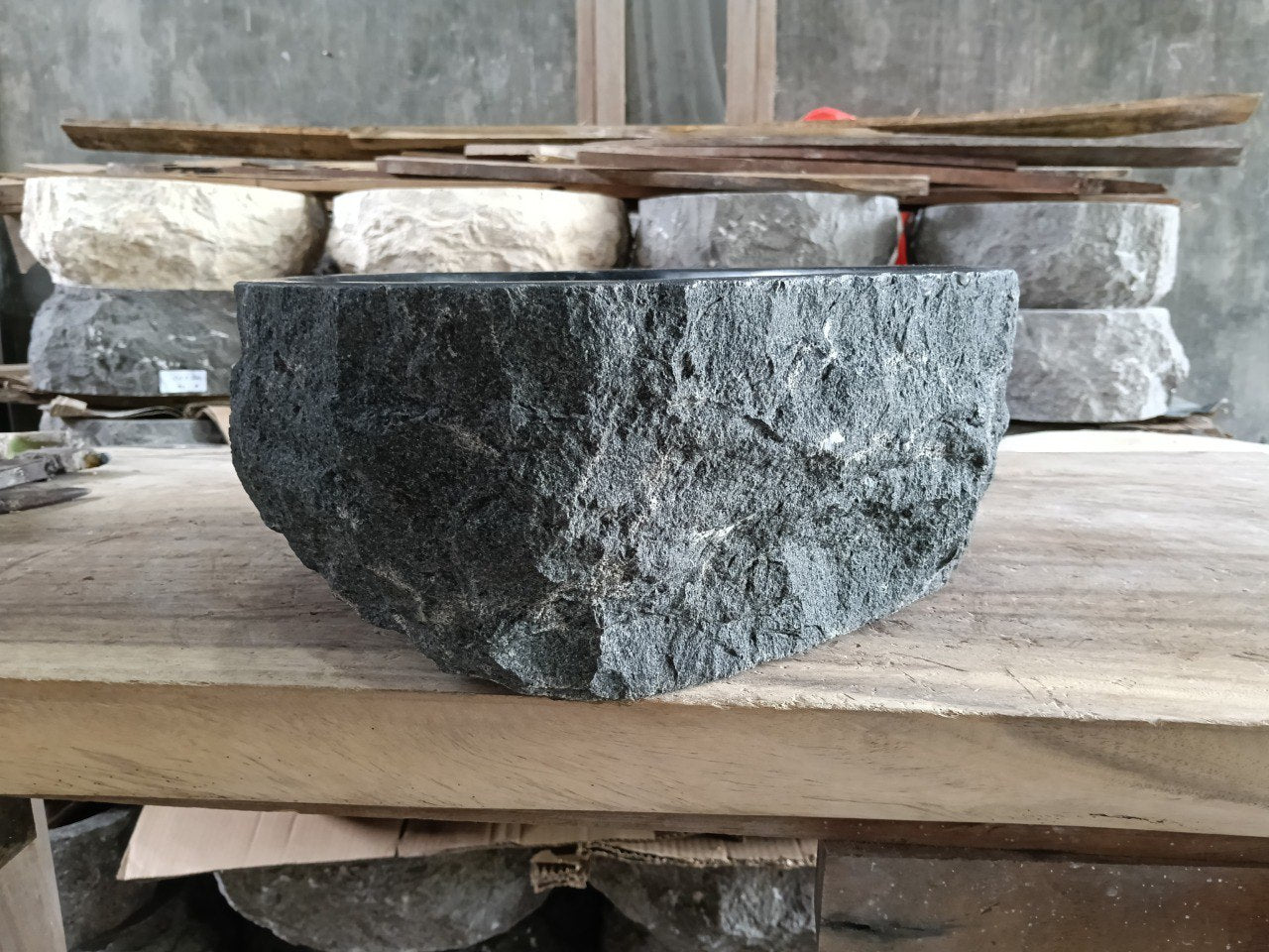 Andesite Stone Sink | A105-4136 | 16″×14″ Organic Black Andesite Polished
