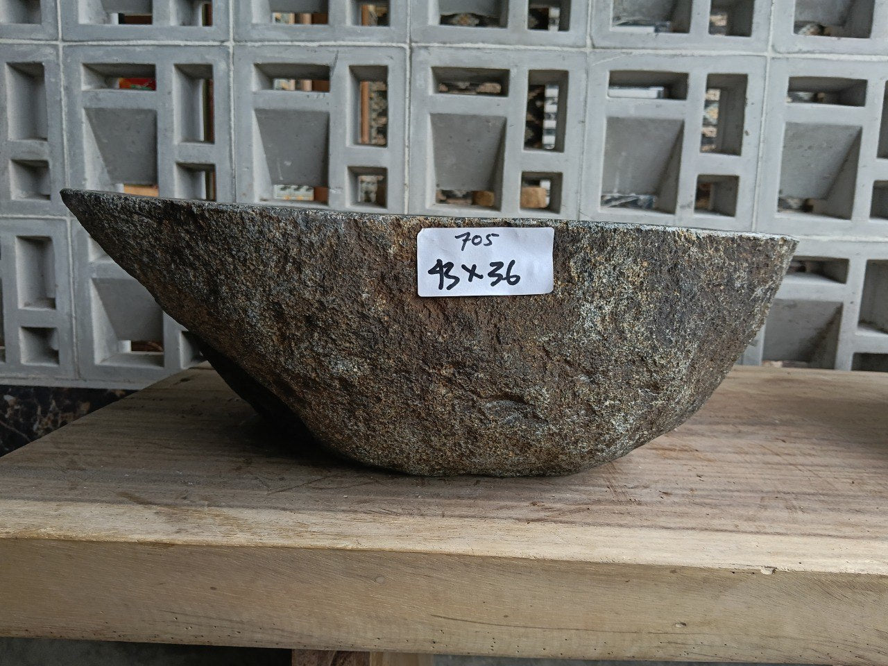 Front view of 6705-4336 natural river rock vessel sink, 3-sided organic shape
