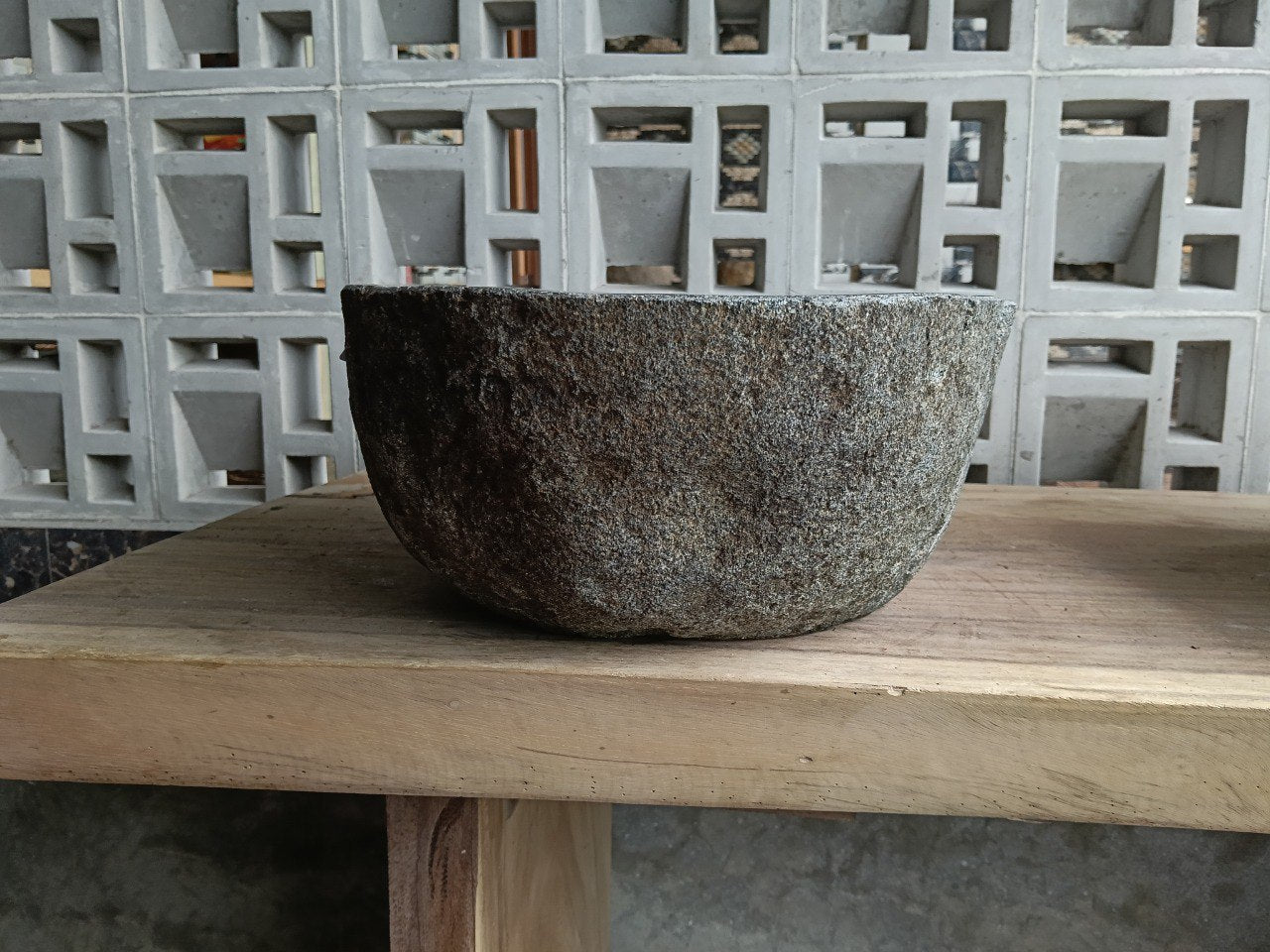 Right side of 6705-4336 natural stone vessel sink, rustic gray-brown outer surface
