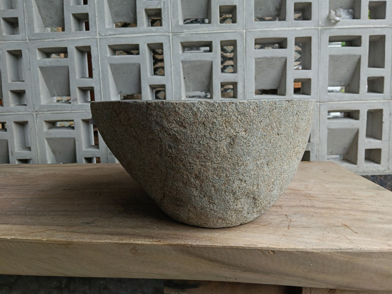 Right side of 6710-4836 organic stone sink, polished bowl and rustic exterior
