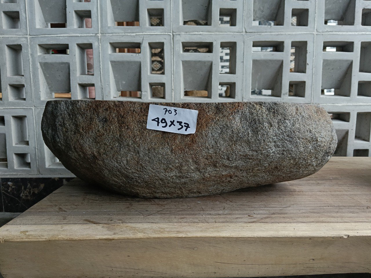 Front view of 6703-4937 natural river rock vessel sink, large organic shape
