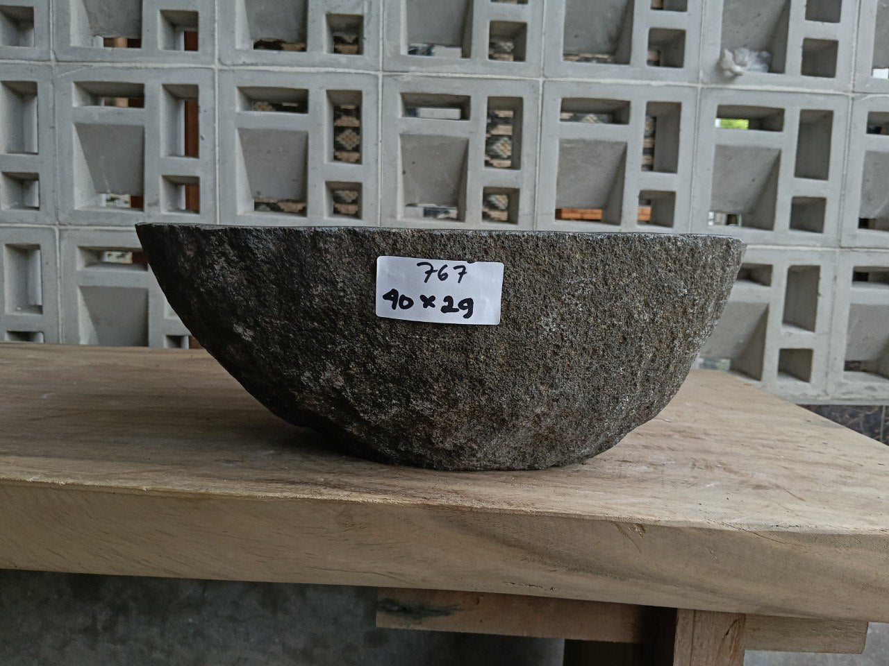 Front view of 6767-4029 natural river rock vessel sink, elongated organic shape
