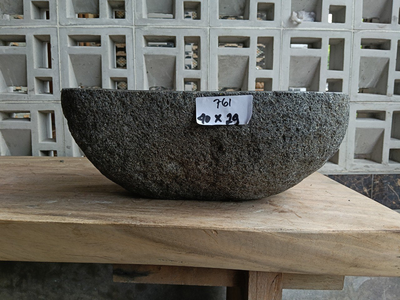 Front view of 6761-4029 natural river rock vessel sink, compact organic shape
