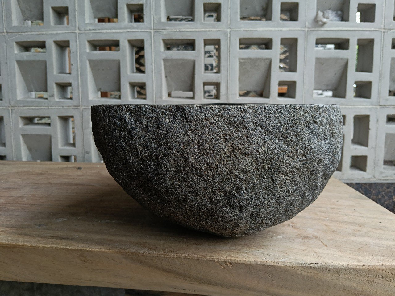 Right side of 6761-4029 organic natural stone sink, polished bowl and rustic surface
