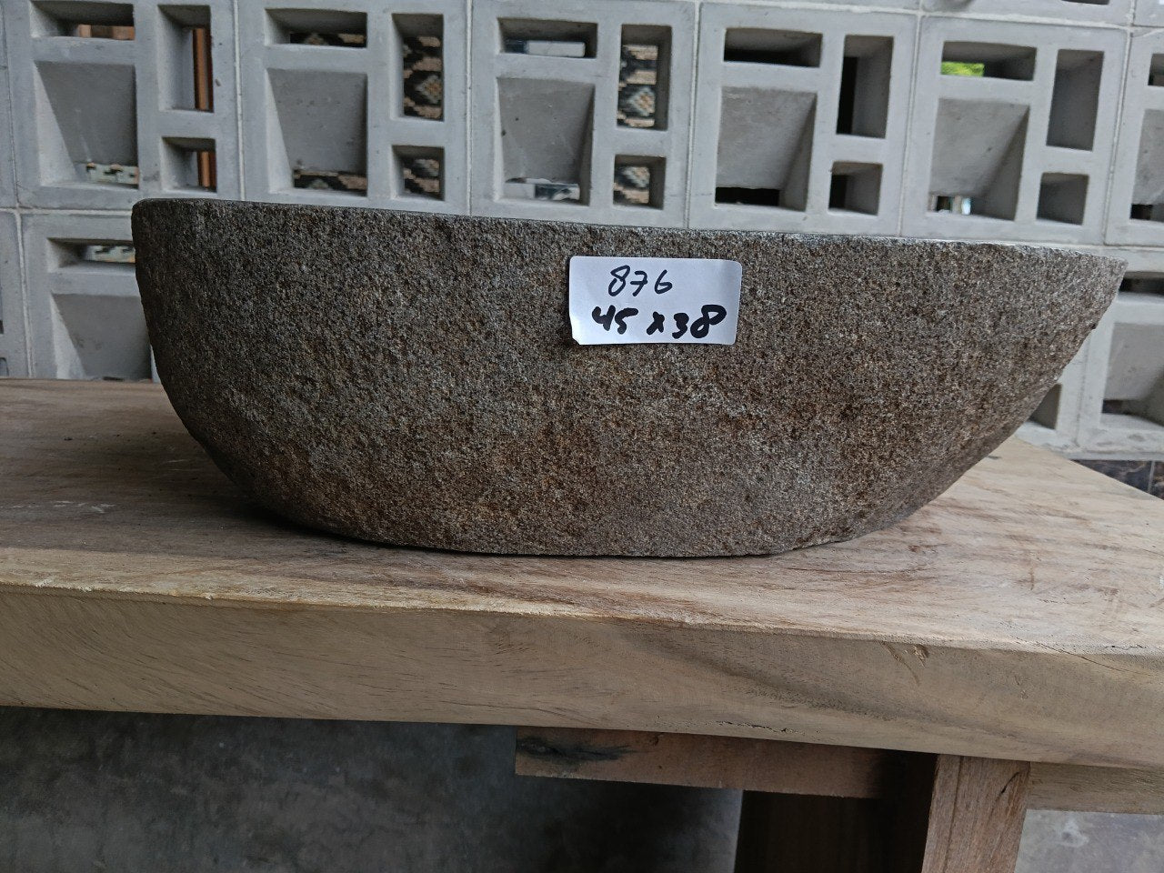 Front view of 6876-4538 natural river rock vessel sink, organic 3-sided shape
