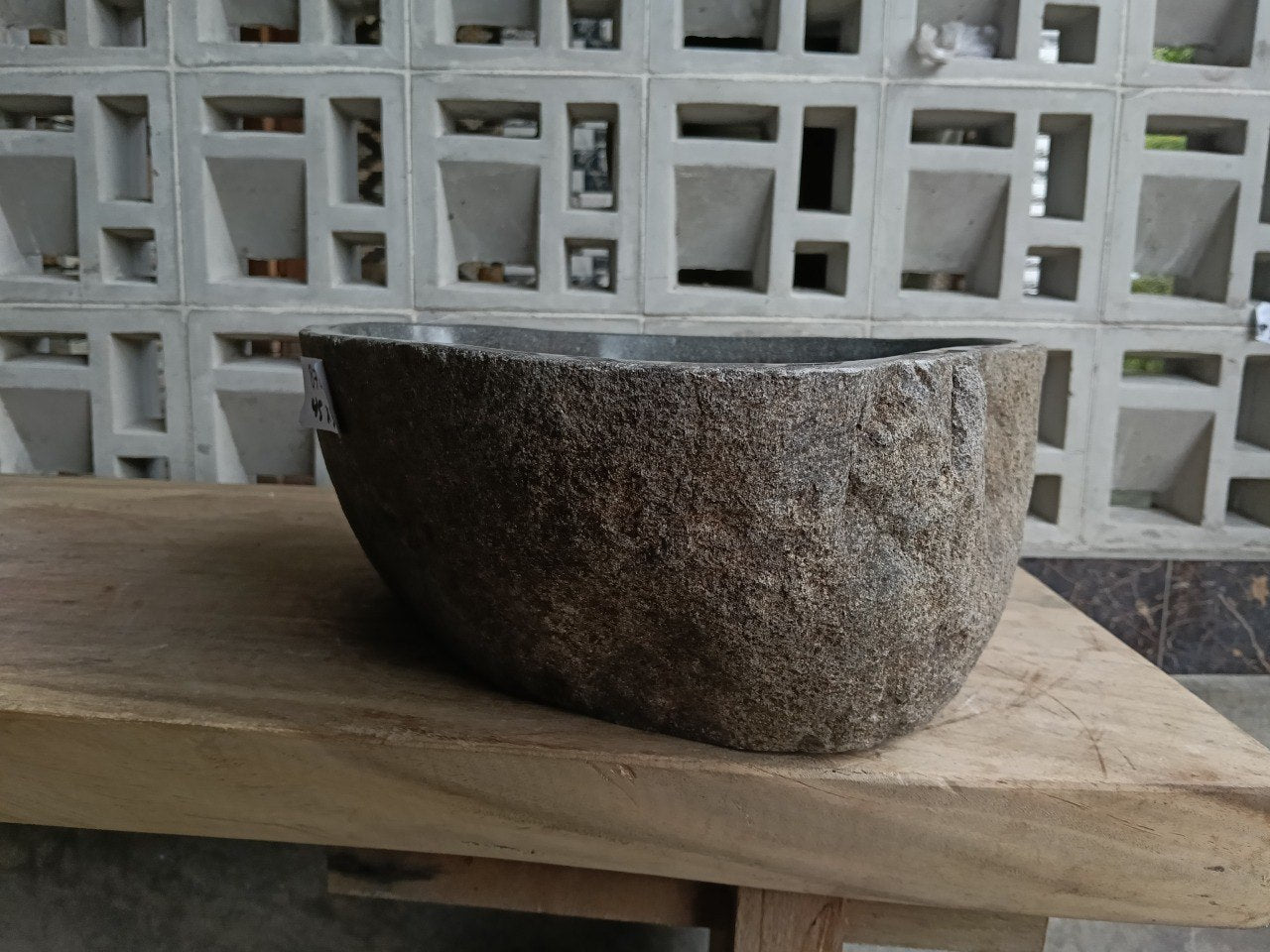 Left side of 6876-4538 river stone vessel sink in gray-brown natural stone
