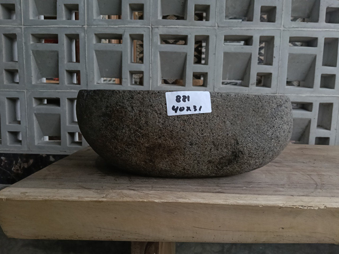 Front view of 6881-4031 natural river rock vessel sink, compact organic shape
