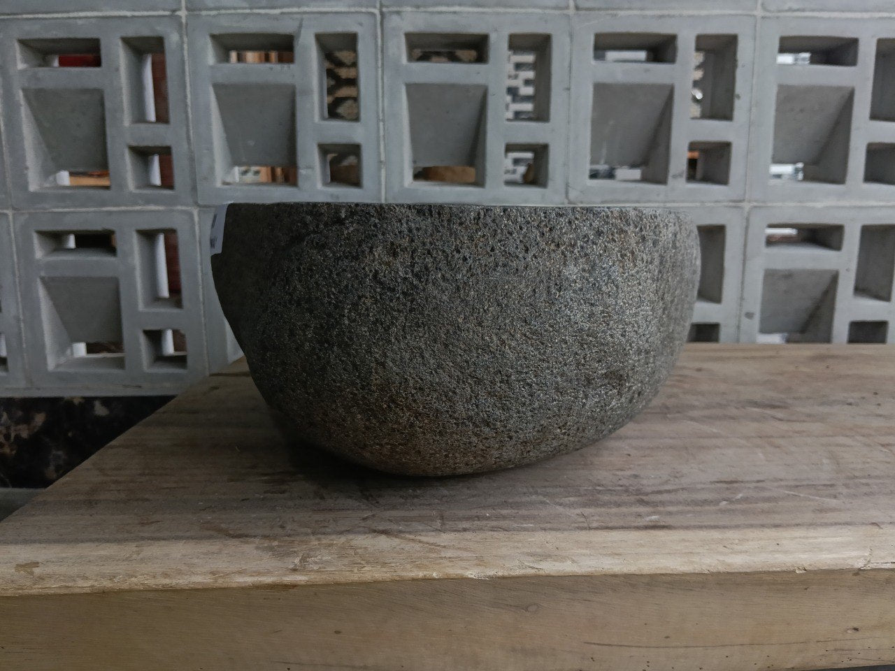 Right side of 6881-4031 natural stone sink, polished bowl and rustic rock surface
