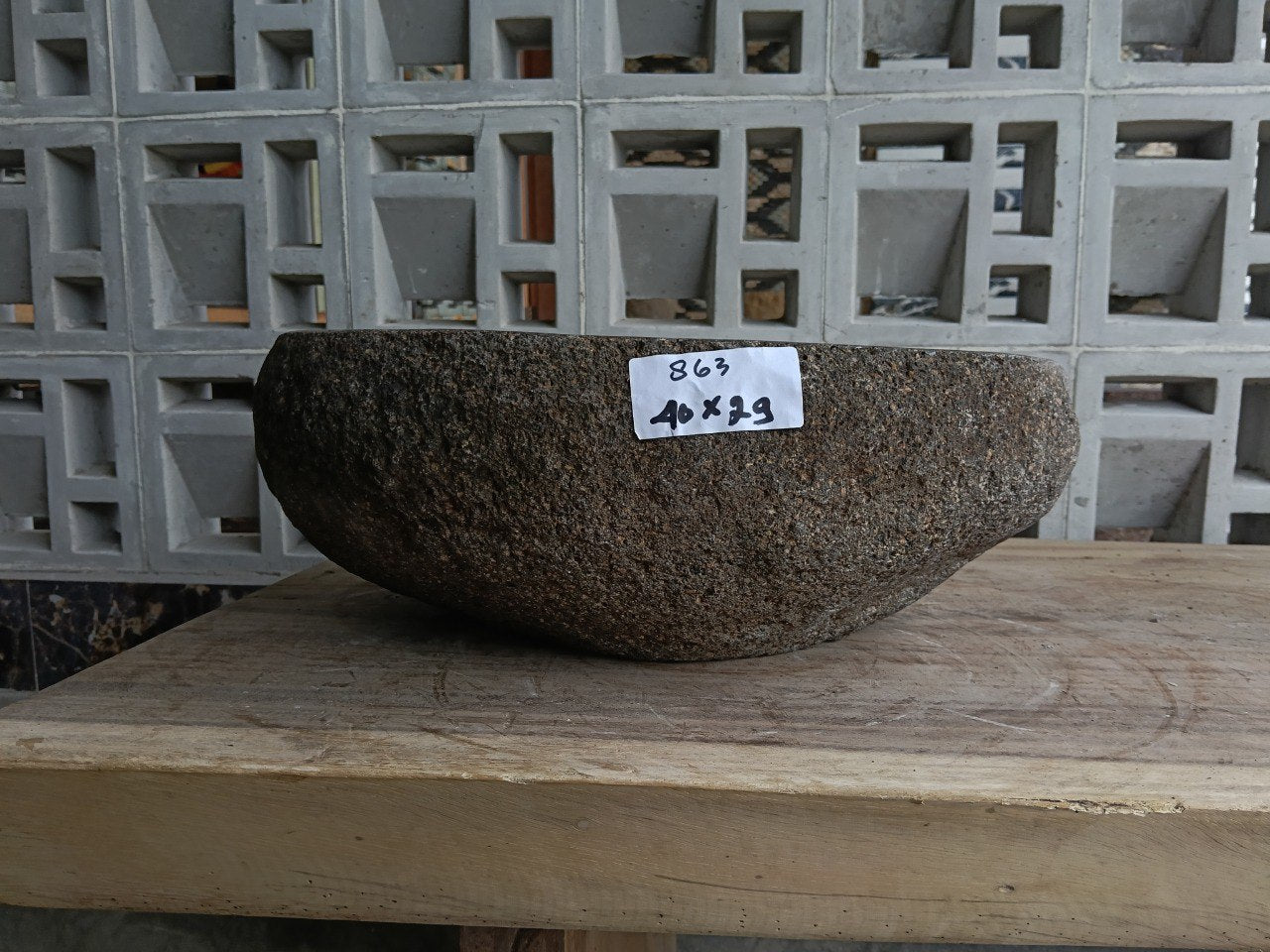 Front view of 6863-4029 natural river rock vessel sink, compact organic shape
