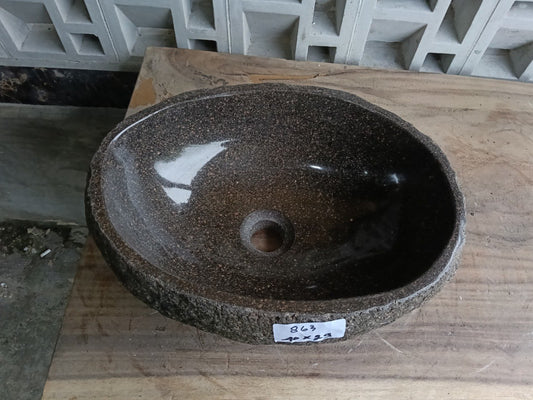 Top view of 6863-4029 dark brown river stone sink, polished oval interior

