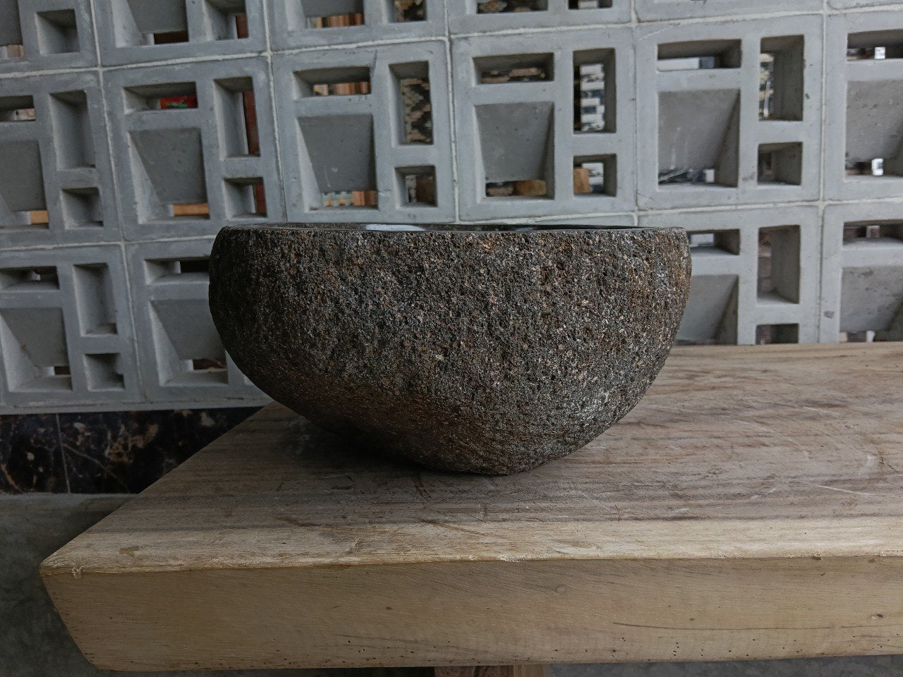 Right side of 6863-4029 natural stone sink, polished bowl and rustic rock surface
