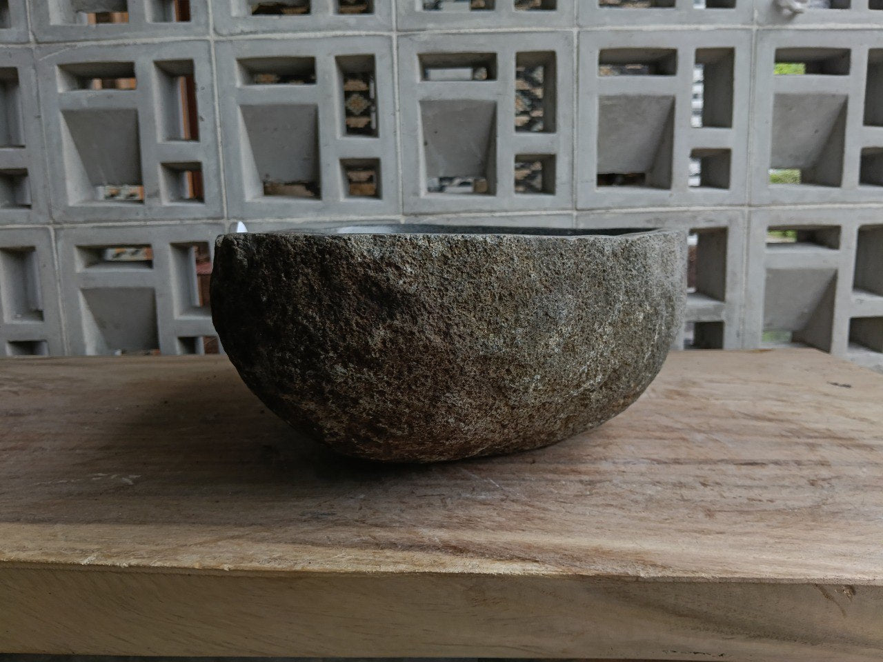 Right side of 6878-4930 natural stone sink, polished bowl and rustic rock surface
