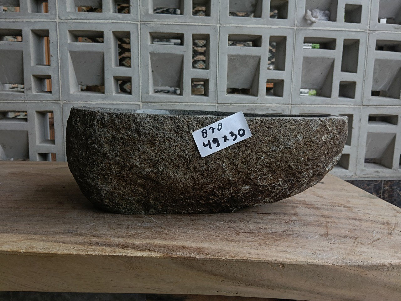 Front view of 6878-4930 natural river rock vessel sink, asymmetric organic shape
