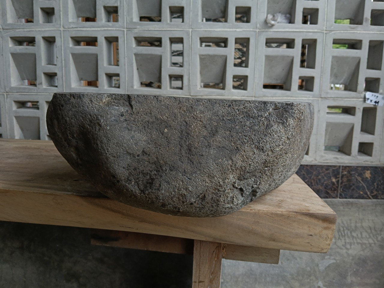 Left side of 6847-4938 river stone vessel sink in dark gray color
