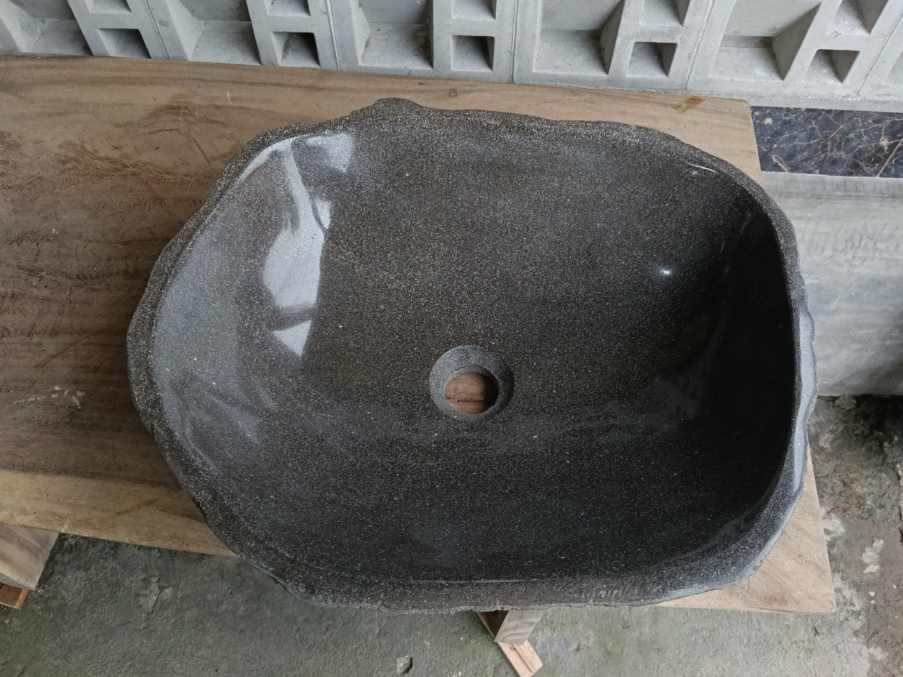 Top view of 6857-4736 dark graphite river stone sink, polished interior
