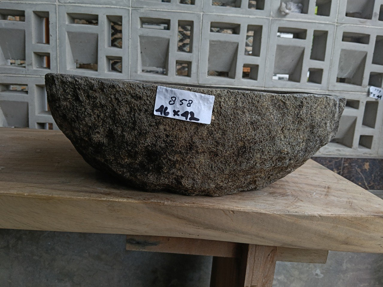 Front view of 6858-4642 natural river rock vessel sink, organic rounded triangle shape
