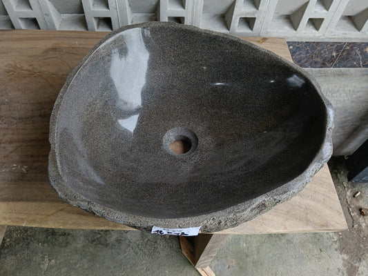 Top view of 6858-4642 deep gray river stone sink, polished interior
