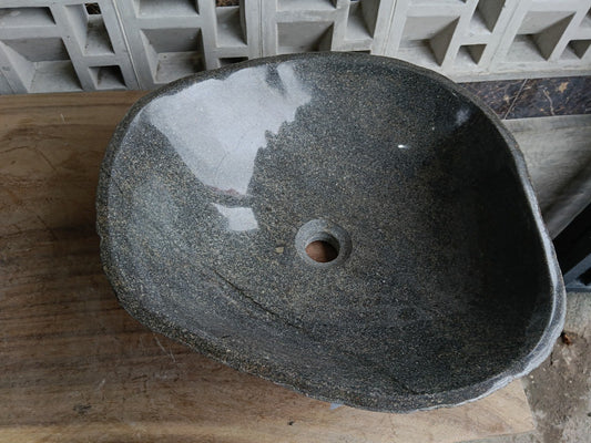 Top view of 6859-4543 warm gray river stone sink, polished interior
