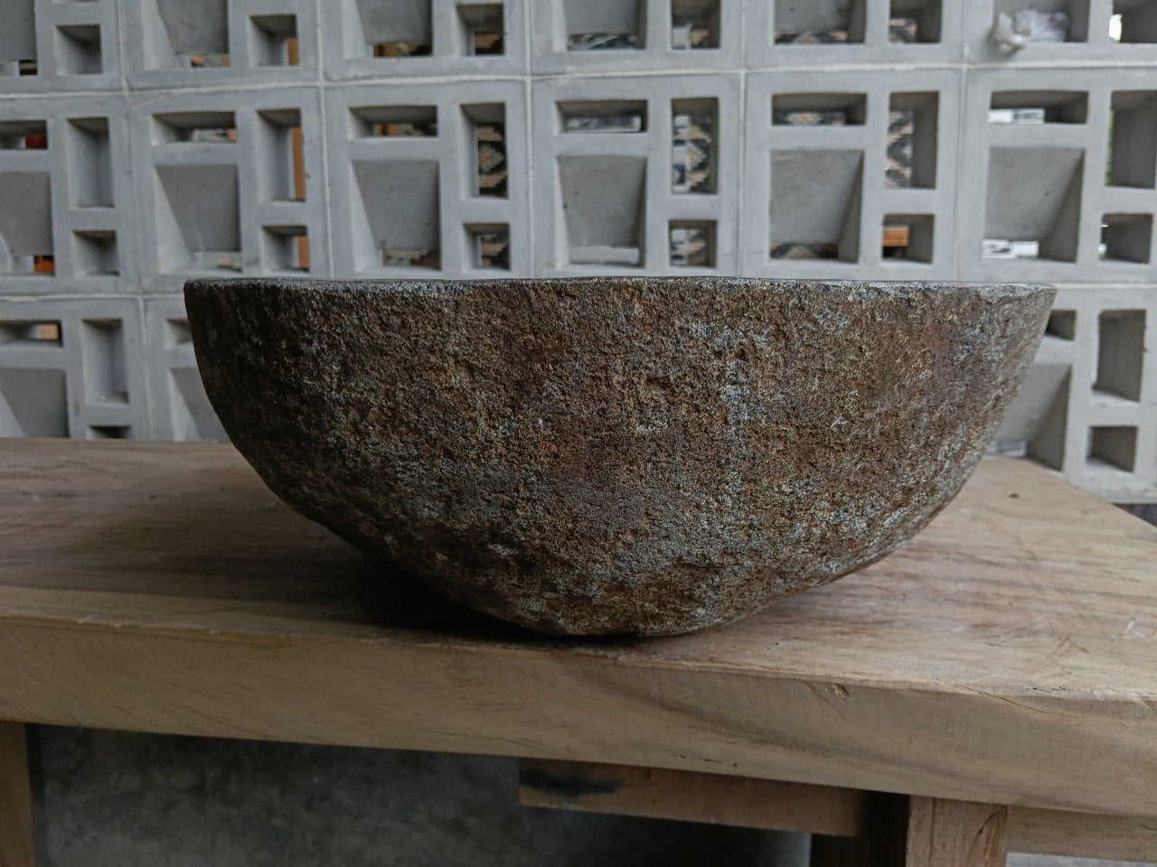 Front view of 6859-4543 natural river rock vessel sink, organic oval-rectangle shape
