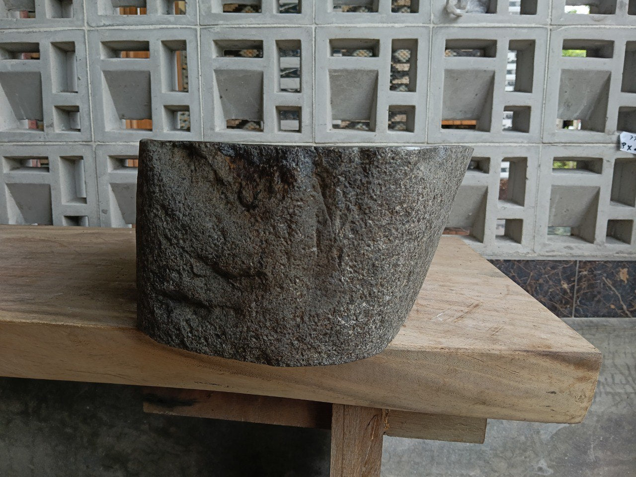 Right side of 6829-4336 river stone vessel sink in deep graphite black color
