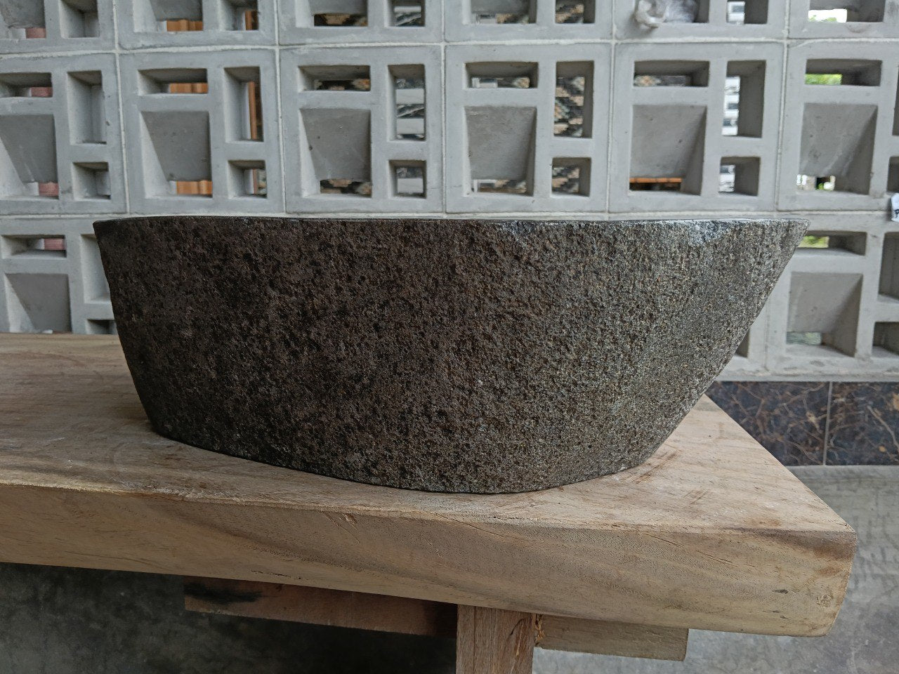 Back view of 6829-4336 handcrafted stone bathroom basin, raw exterior texture
