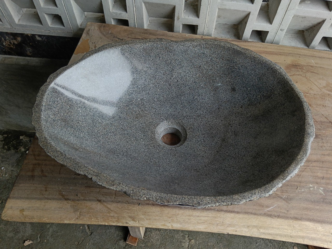 Top view of 6844-4836 warm gray river stone sink, polished interior

