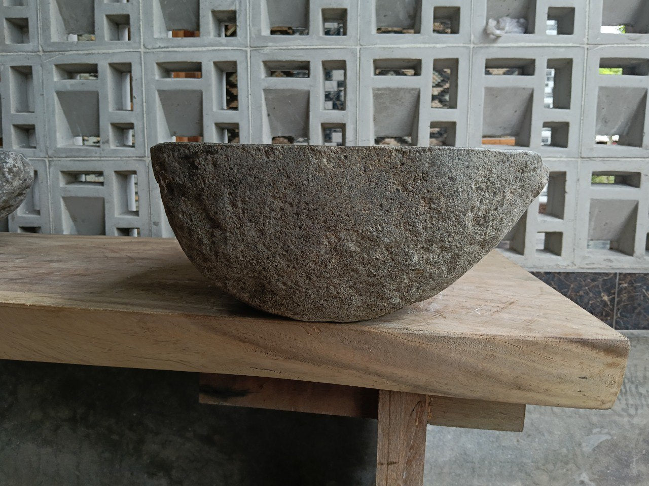 Right side of 6803-4835 handcrafted river stone vessel — natural texture
