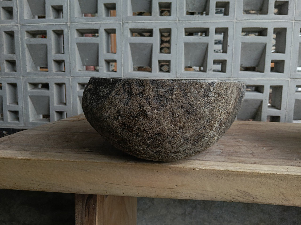 Right side of 6812-4533 handcrafted river stone vessel — natural texture
