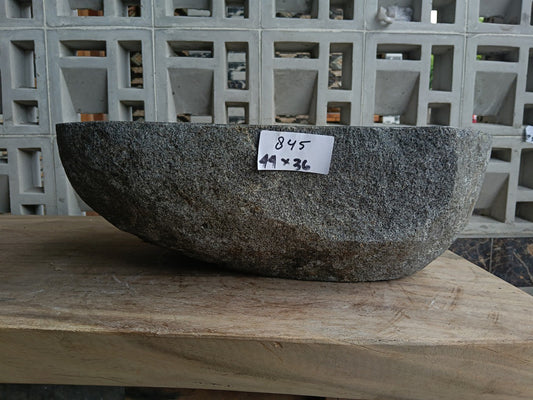 Front view of 6845-4436 river stone vessel — polished interior bowl
