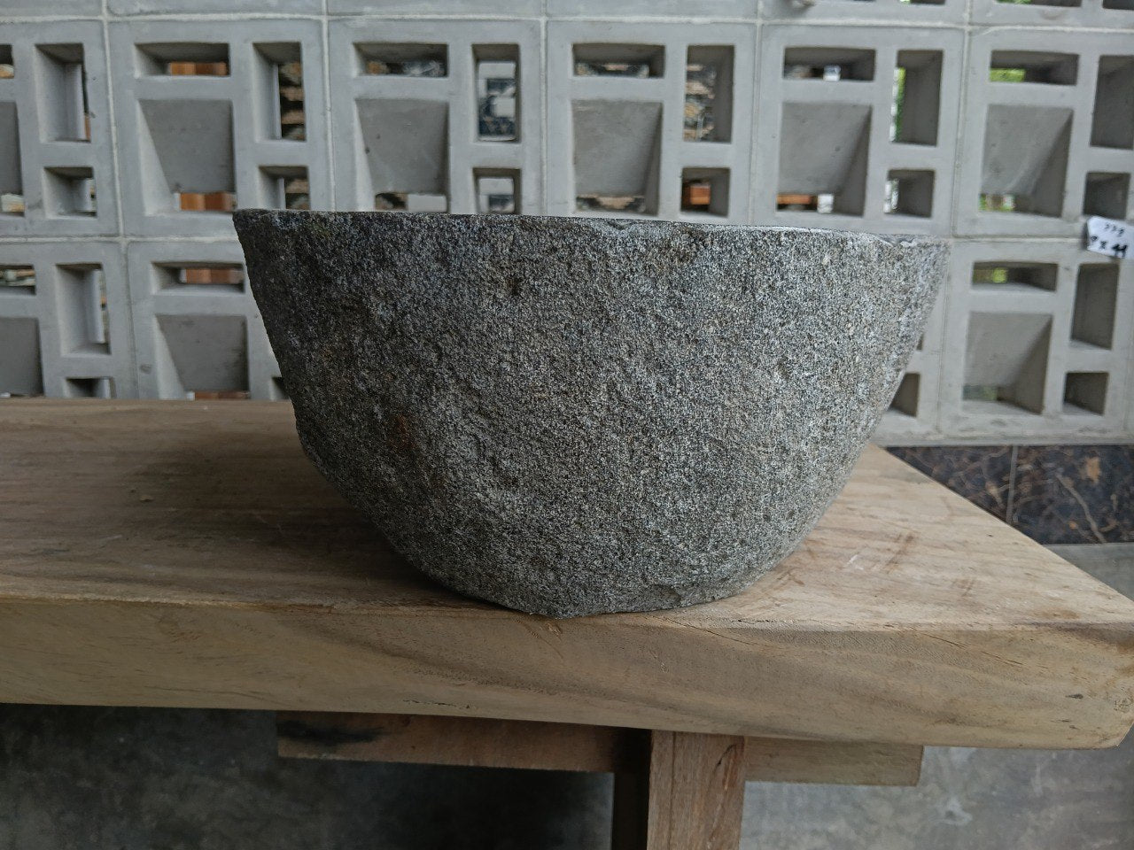 Right side of 6845-4436 handcrafted river stone vessel — natural texture
