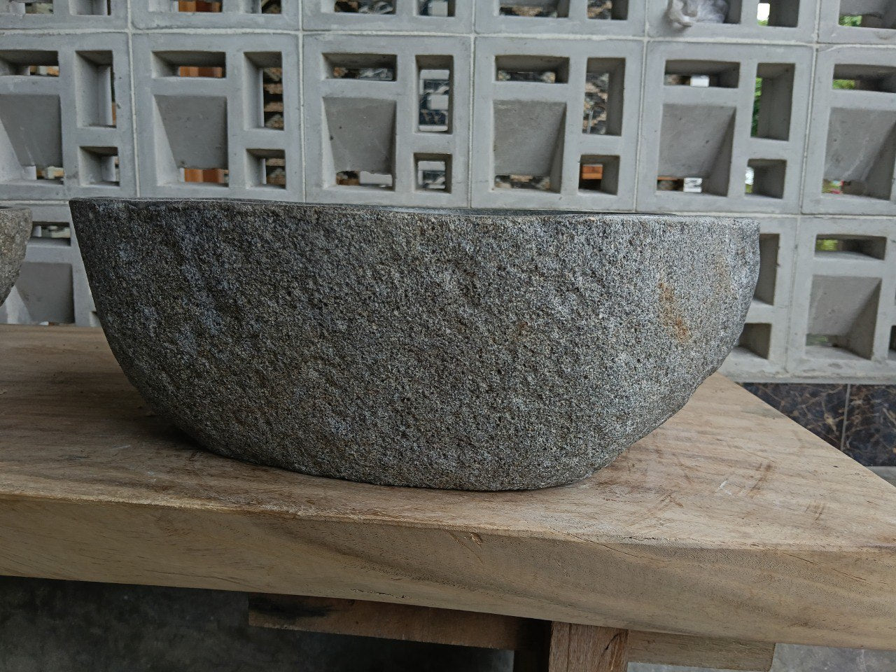 Back view of 6845-4436 natural river stone basin — textured exterior surface

