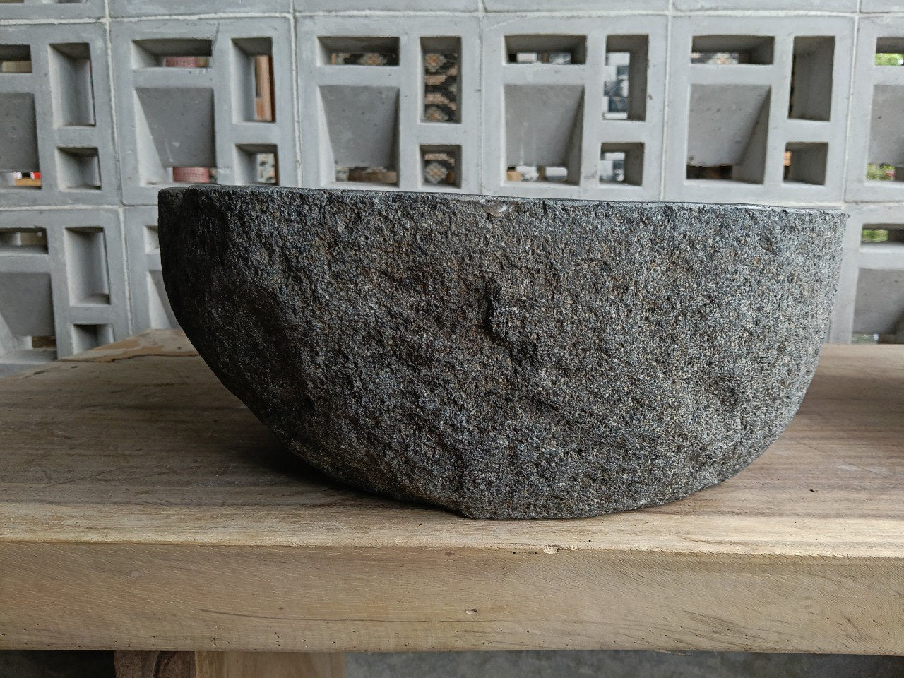Right side of 6699-4539 handcrafted river stone vessel — natural stone texture
